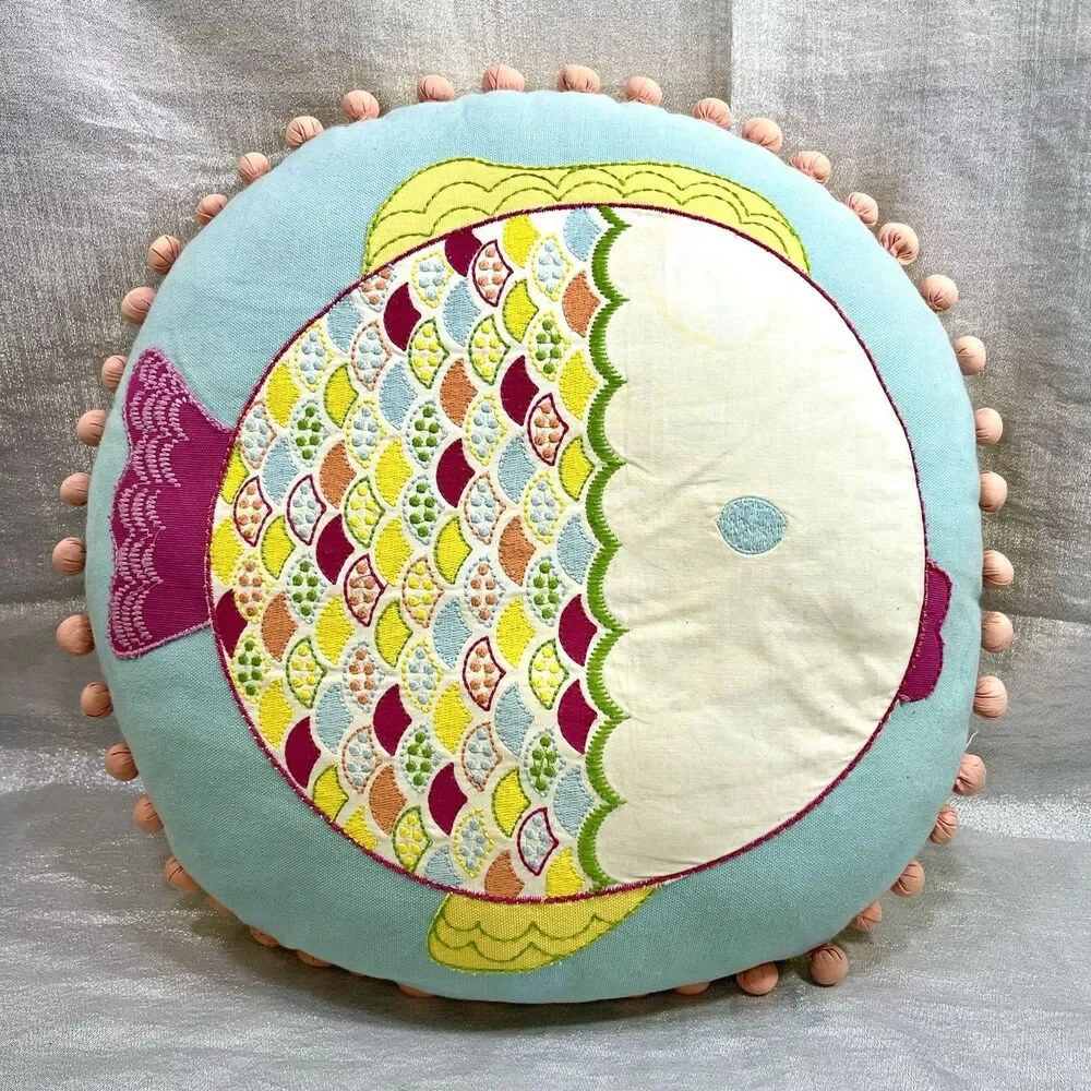 POTTERY BARN KIDS Decorative Throw Fish Pillow Round with Pom Pom Edge